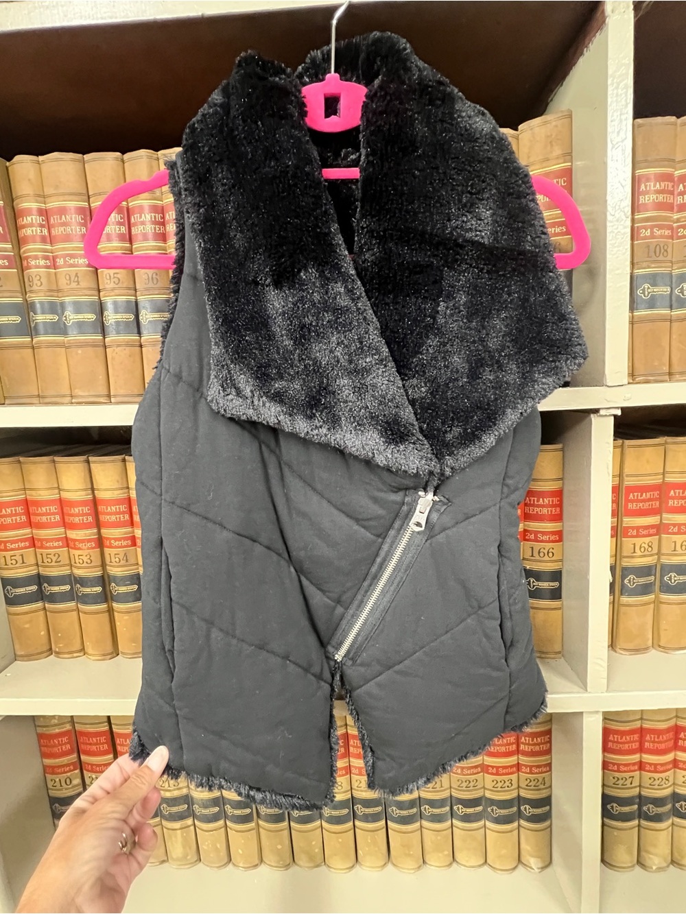 Armani Exchange Black Quilted Vest with Faux Fur Collar
